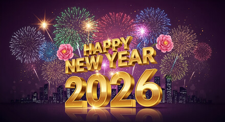 Happy New Year 2026 celebration with golden text fireworks and cityscape silhouette for holiday greetings and event promotions