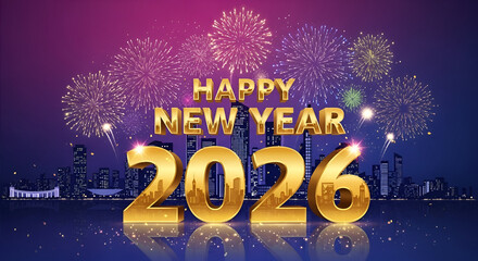 Happy New Year 2026 celebration with fireworks over city skyline festive greeting card design perfect for holiday promotions