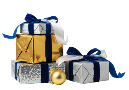 Geometrically stacked gifts in metallic gold foil and holographic silver sparkle paper with deep sapphire velvet ribbons, on a transparent studio background, high-end festive commercial concept