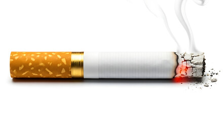 Burning cigarette with smoke emanating from the tip, symbolizing addiction and harmful habit