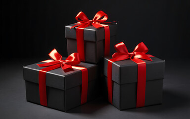 Fototapeta premium Three black gift boxes with red ribbon and bow on a dark background