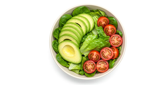 Fresh salad with sliced avocado and cherry tomatoes in a white bowl overhead on transparent background