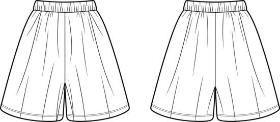 Wide Leg Shorts or Culottes with Elastic Waistband, Loose Fit, and A-Line Silhouette Technical Drawing.