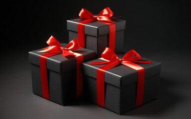 Fototapeta premium Three black gift boxes with red ribbon and bow