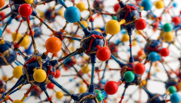 Close up colorful molecular structure with interconnected balls