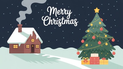 Fototapeta premium Cozy winter cottage with smoking chimney and decorated christmas tree under a snowy night sky