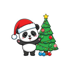 Cute cartoon panda with christmas tree isolated on