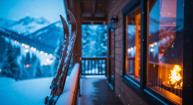 Cozy winter scene with skis by a cabin, a warm fireplace, and snowy mountains. Perfect for holiday promotions, ski resort ads, or winter season campaigns.