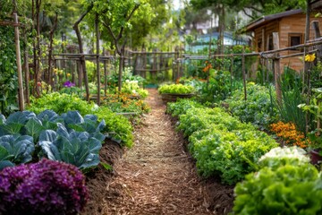 Organic vegetable garden with lettuce cabbage and flowers growing under sunlight in eco friendly backyard