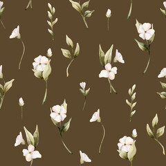 Obraz premium White small flowers with leaves seamless pattern. Jasmine apple blossom. Watercolor hand painted floral illustration