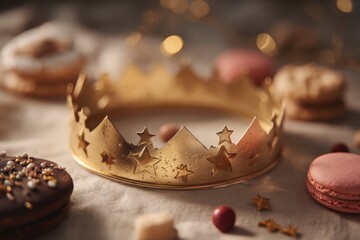 Gold Crown With Star Cutouts Surrounded by Macarons and Festive Treats for Holiday Celebration Photography