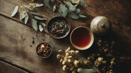 Herbal tea leaves and cup on wooden table rustic background natural drink with dried flowers aroma