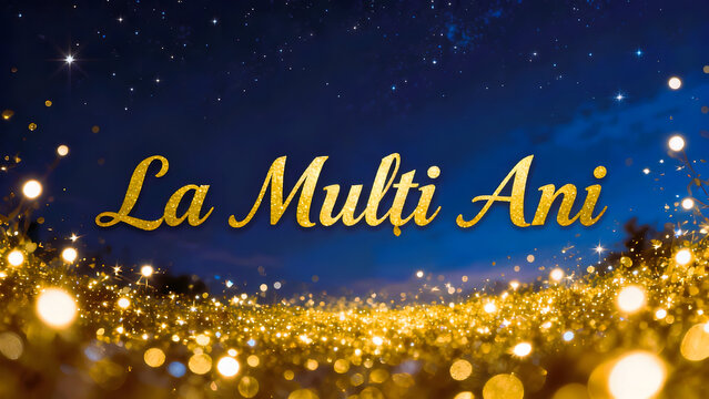 A refined "La Mulți Ani" greeting in gold with sparkling effects, perfect for celebrating the New Year with elegance and festivity.