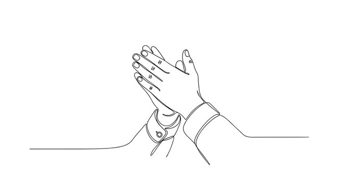 Two hands clapping in simple line art design on white background  