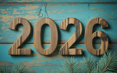 Wooden numbers 2026 on a rustic teal wooden background with pine needles