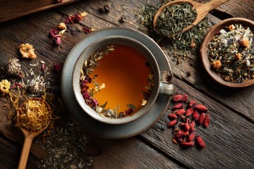 Herbal tea dried flowers leaves wooden table natural drink health wellness organic aroma