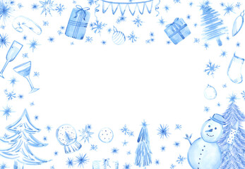 Hand drawn watercolor blue monochrome Christmas frame border. Illustration isolated on white background. Can be used for postcard, invitation and other printed products.