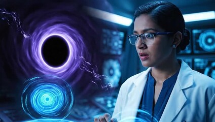Female Scientist Studying Black Hole and Quantum Physics in Futuristic Lab. - Powered by Adobe