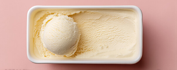 Creamy vanilla ice cream scooped from a carton, placed on a soft pink background showcasing its smooth texture
