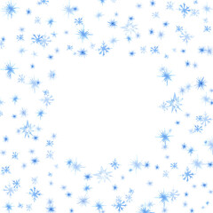 Hand drawn watercolor blue snowflakes frame border. Illustration isolated on white background. Can be used for postcard, invitation and other printed products.