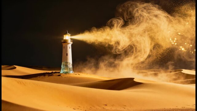 Cinematic sequence of mystical desert lighthouse glowing through swirling sand under starry night sky
