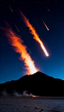 Cinematic upward pan of explosive volcanic eruption with fiery lava against deep blue night sky
