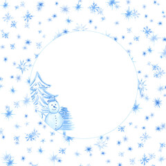 Hand drawn watercolor blue snowflakes Christmas trees and snowman frame border. Illustration isolated on white background. Can be used for postcard, invitation and other printed products.