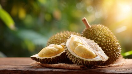 Obraz premium Fresh durian fruit with ripe golden flesh on wooden table in natural sunlight