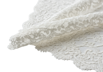extreme macro close-up of exquisite ivory white chantilly lace fabric with delicate floral filigree and scalloped edge, flat lay on a high-key transparent background. concept of luxury fashion textile