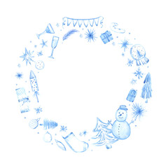 Hand drawn watercolor blue monochrome Christmas wreath frame border. Illustration isolated on white background. Can be used for postcard, invitation and other printed products.