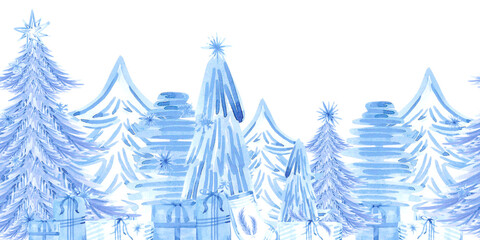 Hand drawn watercolor blue monochrome Christmas trees seamless border. Illustration isolated on white background. Can be used for postcard textile label and other printed products.