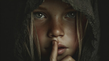 A captivating portrait of a young girl with a hooded cloak, gesturing for silence