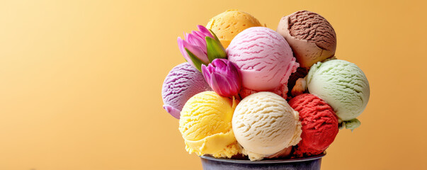 Colorful assortment of ice cream scoops with tulips arranged in a bucket against a vibrant orange background