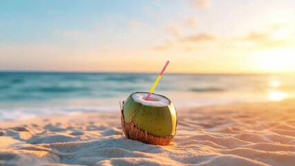 Refreshing coconut beverage with straw on pristine sandy beach at golden hour - Powered by Adobe
