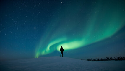 Solo adventurer watching aurora borealis in night sky over snow covered hills