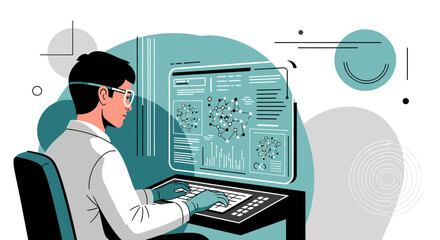 Scientist Analyzing Molecular Structures on a Computer Screen in a Modern Laboratory Environment