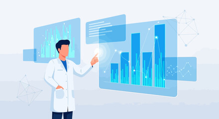 Scientist analyzing virtual financial data visualization on futuristic interface display