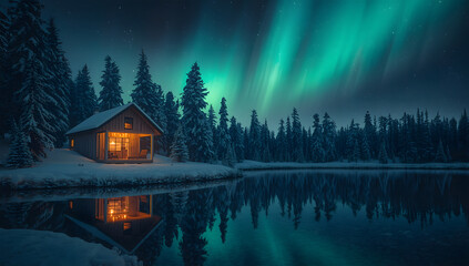 Fototapeta premium Cozy winter cabin reflecting aurora borealis in calm frozen lake Stock Photo.