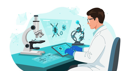 Scientist conducting research in laboratory with microscope and digital interface technology