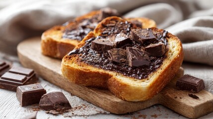 Toasted bread with melted chocolate spread and chunky chocolate pieces on wooden board in warm cozy setting
