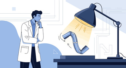 Scientist examining a robotic joint prototype under focused light engineering innovation future