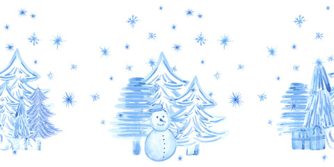 Hand drawn watercolor blue winter snowy forest and snowman seamless frame border. Illustration isolated on white background. Can be used for postcard textile label and other printed products.