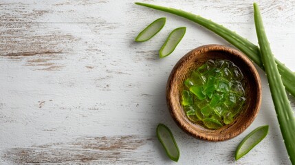 Aloe vera gel cubes in wooden bowl with fresh leaf slices on rustic white background for skincare concept