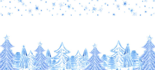 Hand drawn watercolor blue monochrome winter forest trees and snow banner frame border. Illustration isolated on white background. Can be used for banner, invitation and other printed products.