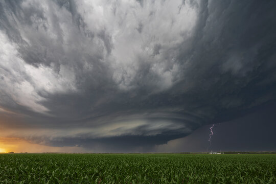 Supercell with a Sculpted Base at Sunset