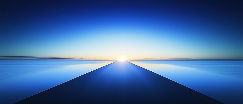 A straight line leads to the horizon under a blue sky with calm water and a rising sun casting light, symbolizing hope for new beginnings
