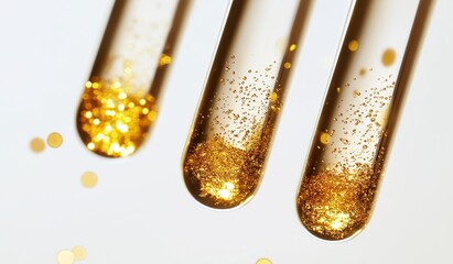 Three test tubes filled with golden glitter against a clean white background for scientific or decorative concepts