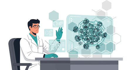 Scientist in lab coat examining molecular structure on a futuristic interface screen