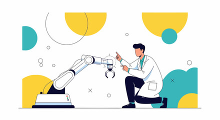 Scientist interacting with robotic arm in laboratory showcases technological innovation and
