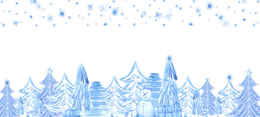 Hand drawn watercolor blue winter forest trees snowman and presents banner frame border. Illustration isolated on white background. Can be used for banner, invitation and other printed products.